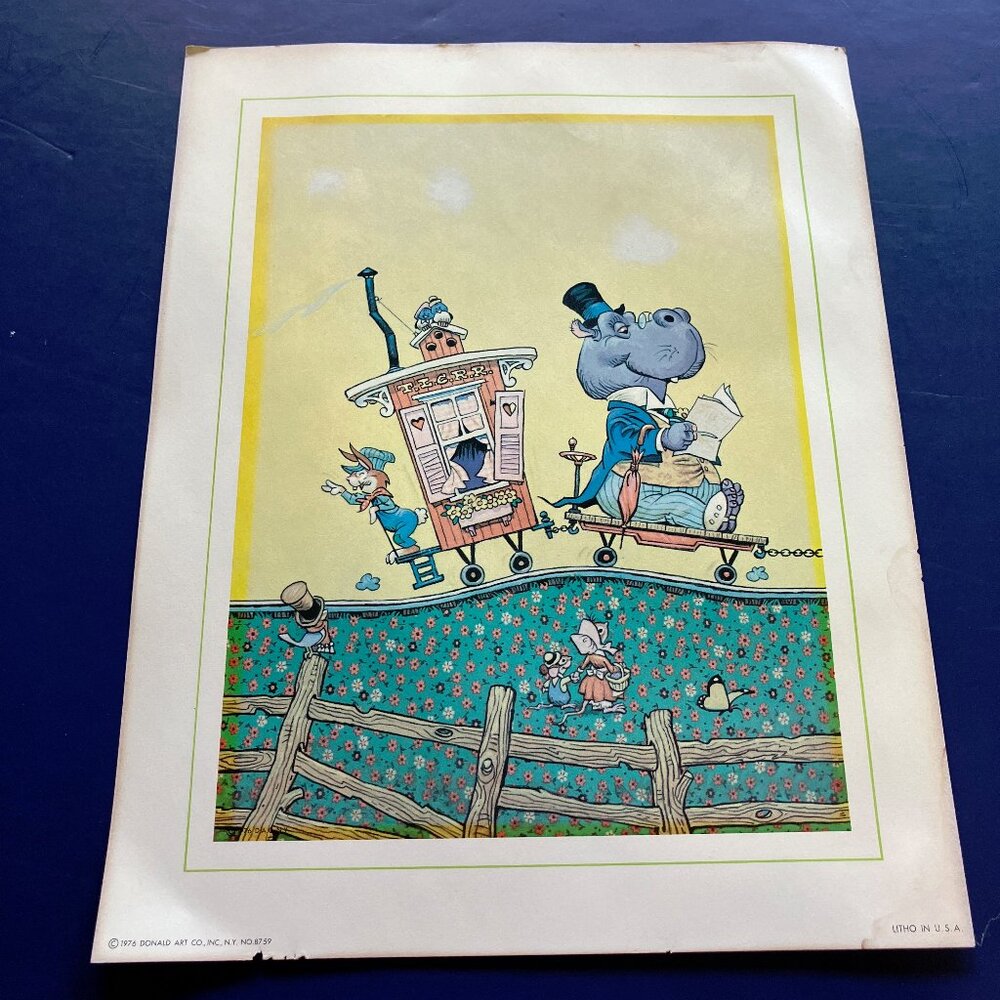 Hippo on train rabbit train conductor 1976 Donald art company litho print
